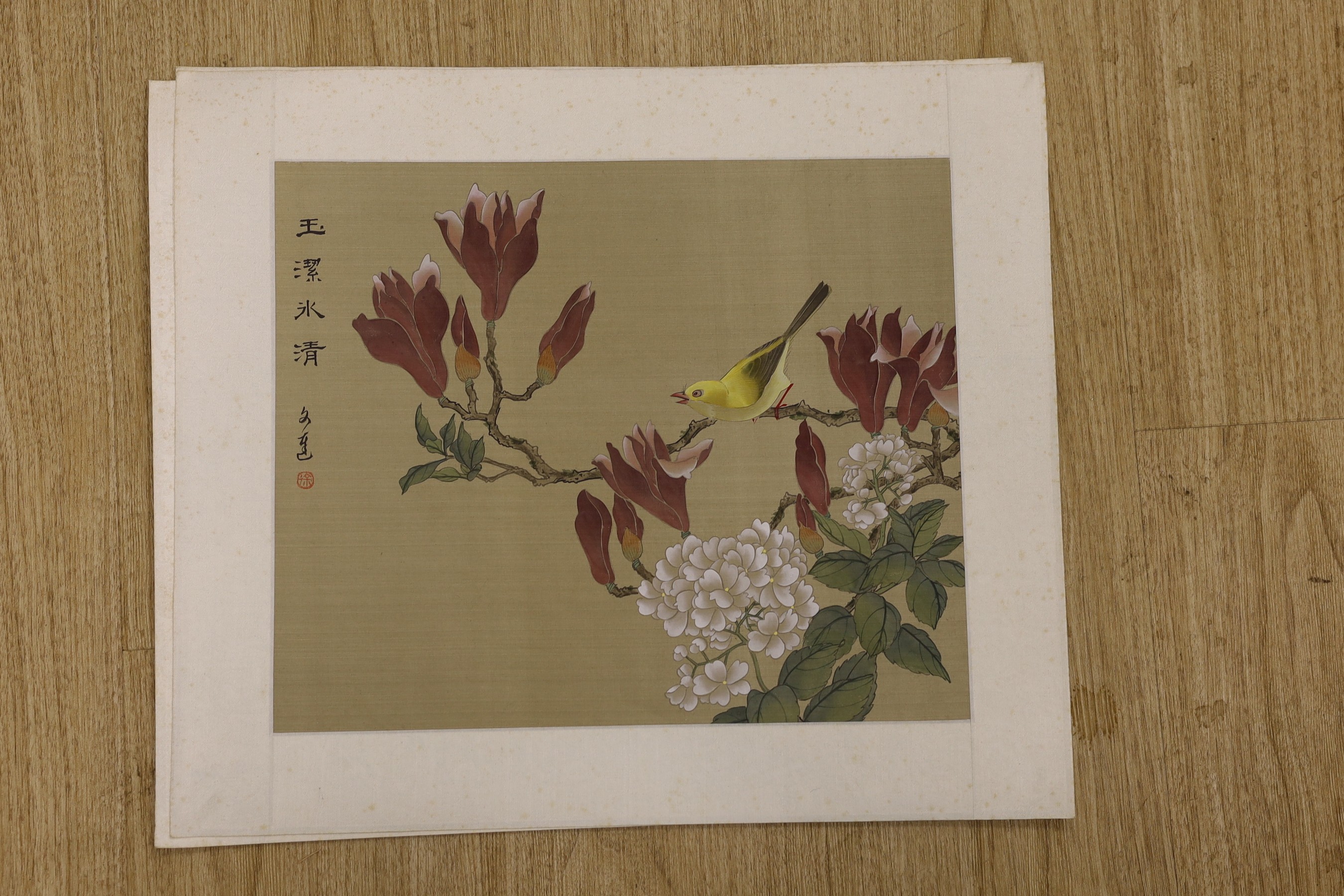 Chinese School, late 20th century, four paintings on silk “Or butterflies amid blossoming branches, 30 cm X 36 cm